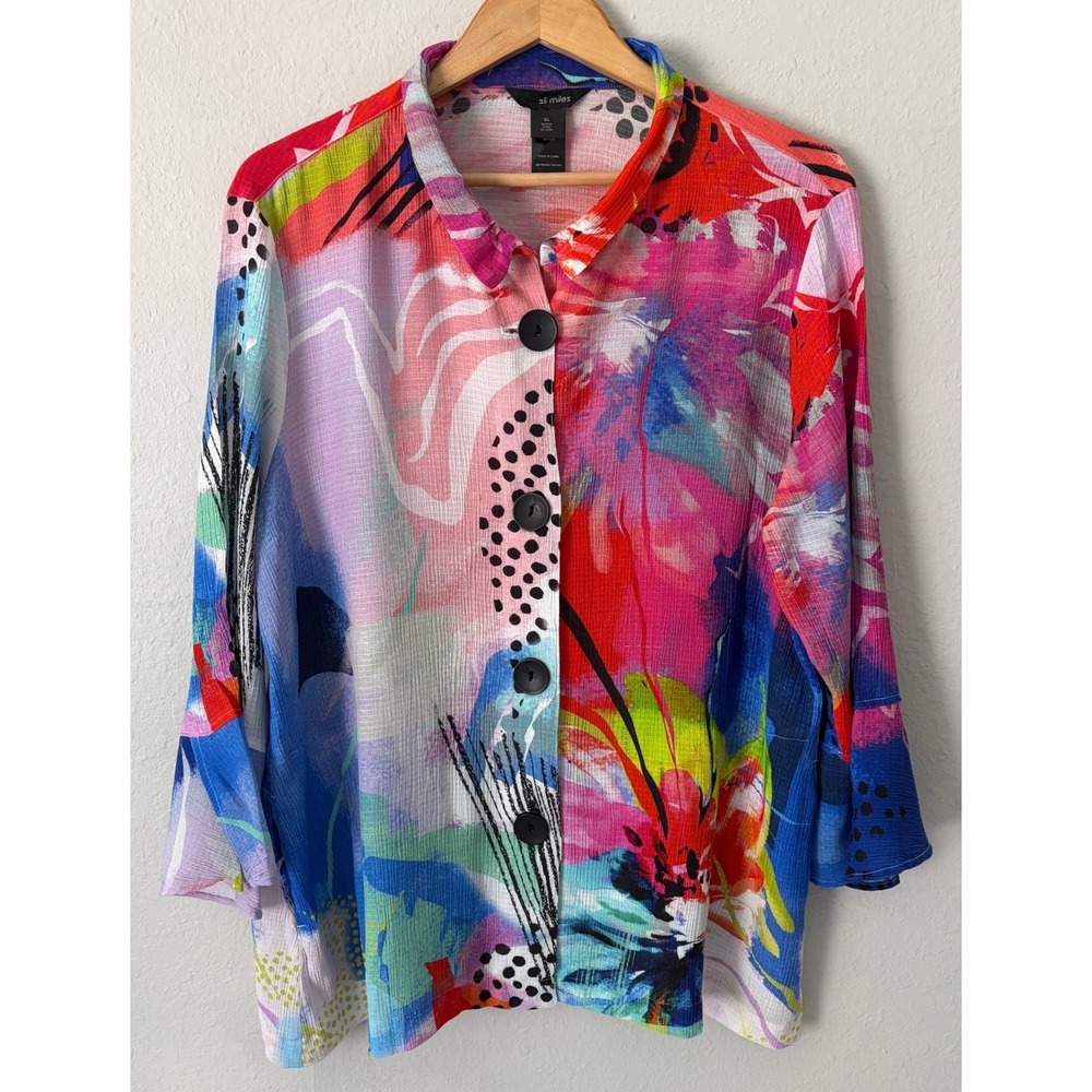 Ali Miles Womens Abstract Floral Bell Sleeve Blouse Top XL Art To Wear Pockets